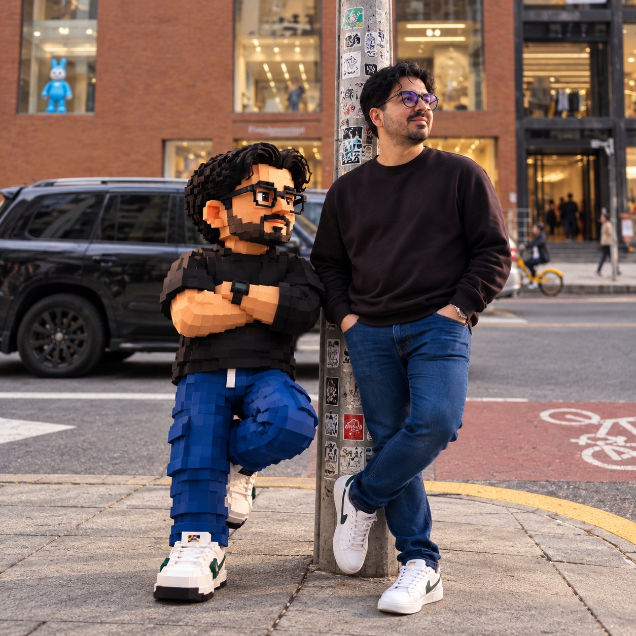 Alcides Gabriel apoyado en un poste de una calle de la ciudad, junto a su avatar en bloques
