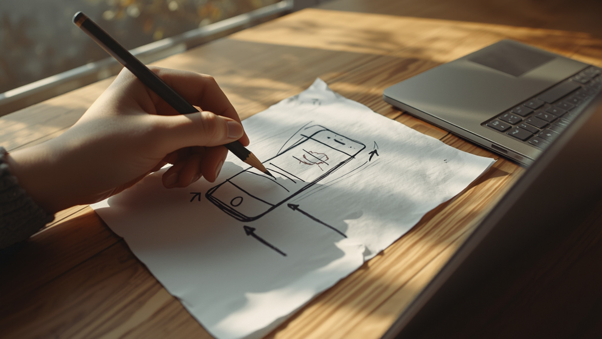 Boceto de pantalla de aplicación dibujado a mano sobre una mesa, junto a una laptop