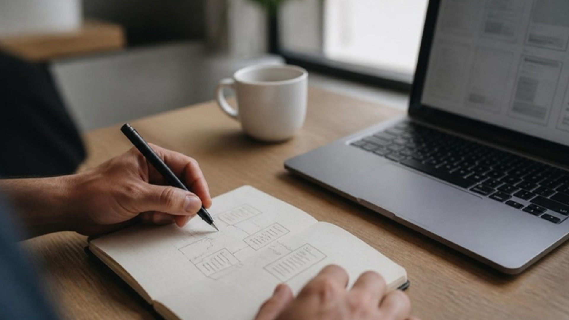 Emprendedor dibujando el flujo de una aplicación en un cuaderno, con la laptop abierta al lado